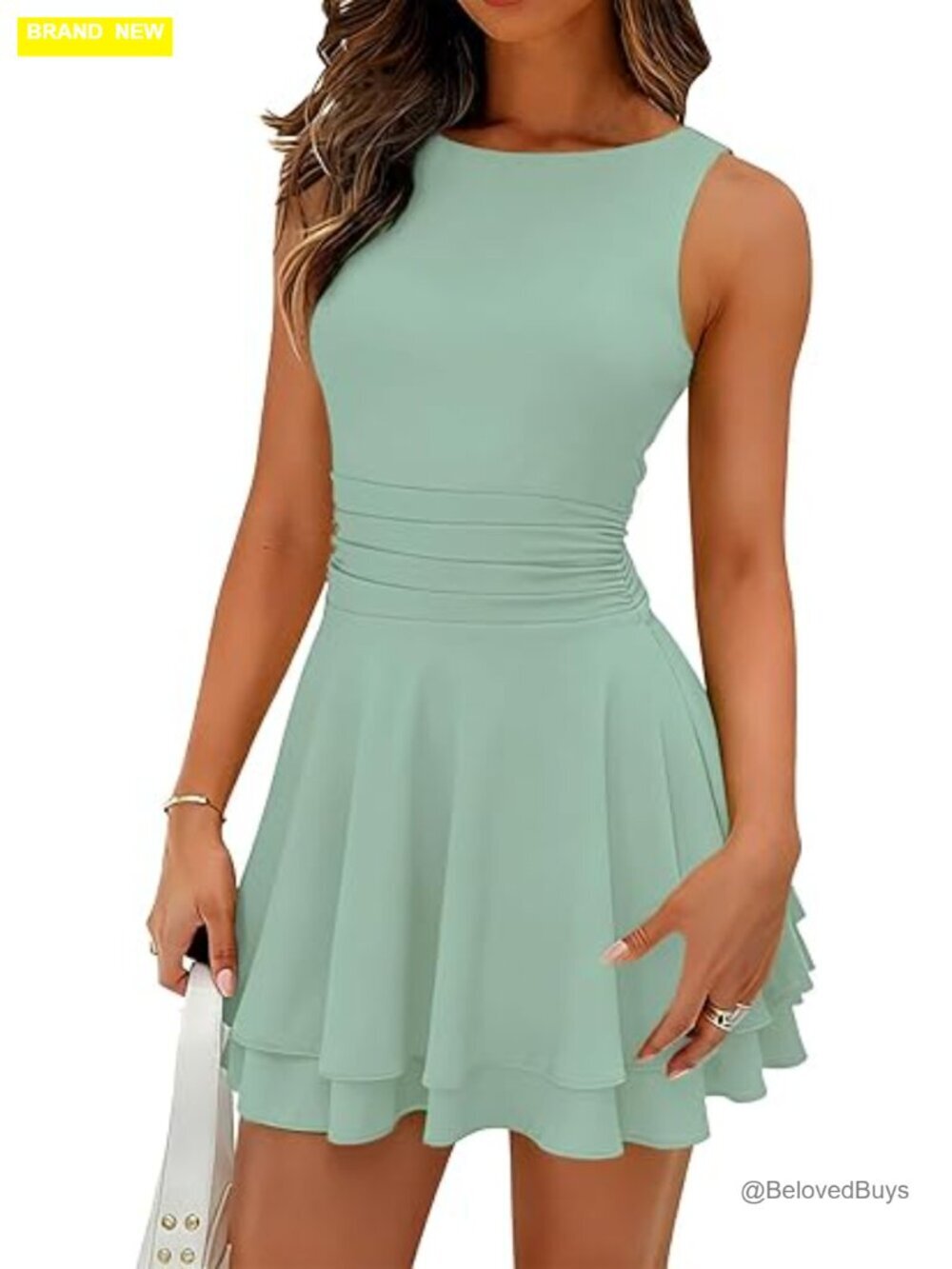 Ruffle Hem A-Line Sleeveless Crew Neck Mini Dress Ruched Elastic Waist